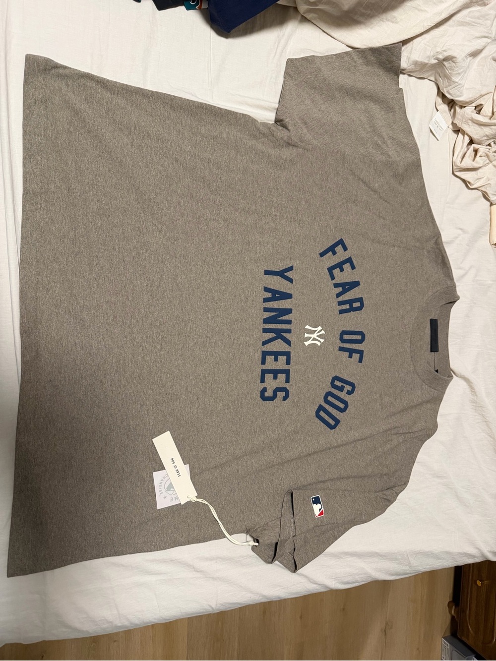 Fear of God Yankees Logo Short Sleeve Tee - Gray with Navy Print